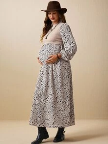 Boho Mama Maternity Patchwork Ditsy Floral Stand Collar Long Sleeve 2 In 1 Dress - Khaki - View 9