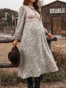 Boho Mama Maternity Patchwork Ditsy Floral Stand Collar Long Sleeve 2 In 1 Dress - Khaki - View 4
