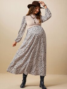 Boho Mama Maternity Patchwork Ditsy Floral Stand Collar Long Sleeve 2 In 1 Dress - Khaki - View 3