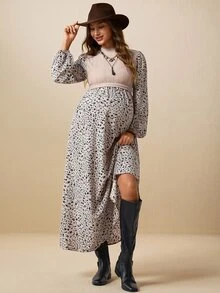 Boho Mama Maternity Patchwork Ditsy Floral Stand Collar Long Sleeve 2 In 1 Dress - Khaki - View 7