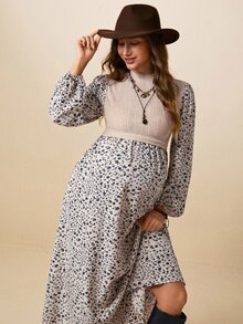 Boho Mama Maternity Patchwork Ditsy Floral Stand Collar Long Sleeve 2 In 1 Dress - Khaki - View 5
