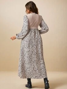 Boho Mama Maternity Patchwork Ditsy Floral Stand Collar Long Sleeve 2 In 1 Dress - Khaki - View 8