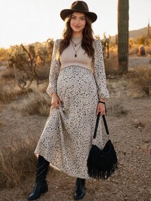 Boho Mama Maternity Patchwork Ditsy Floral Stand Collar Long Sleeve 2 In 1 Dress - Khaki - View 2