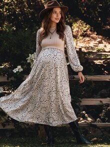 Boho Mama Maternity Patchwork Ditsy Floral Stand Collar Long Sleeve 2 In 1 Dress - Khaki - View 1