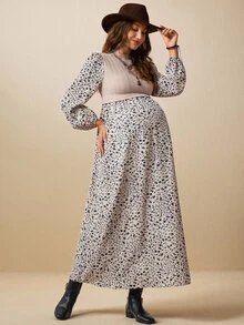 Boho Mama Maternity Patchwork Ditsy Floral Stand Collar Long Sleeve 2 In 1 Dress - Khaki - View 10