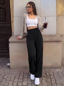 SHEIN PariChic Women's Solid Color High Waist Pocket Sports Long Pants - Black - View 3