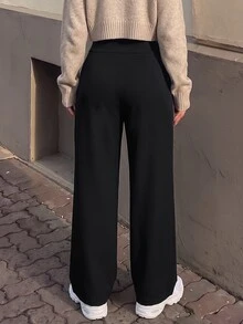 SHEIN PariChic Women's Solid Color High Waist Pocket Sports Long Pants - Black - View 2