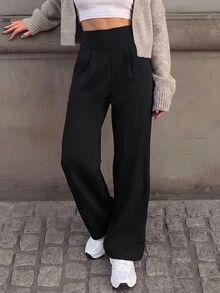 SHEIN PariChic Women's Solid Color High Waist Pocket Sports Long Pants - Black - View 4