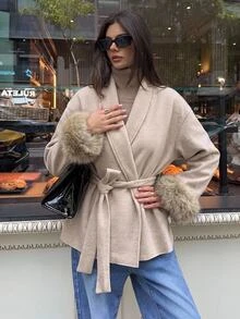 Aloruh 女款復古人造毛皮米色袖口大衣，秋季休閒優雅場合，純色短款商務通勤外套，老錢風冬季大衣 - 卡其色 - 查看 5