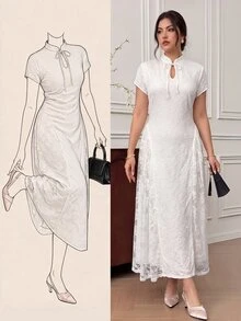 EastFlair Plus Size Elegant Party Solid Color Lace Patchwork Dress - Apricot - View 1