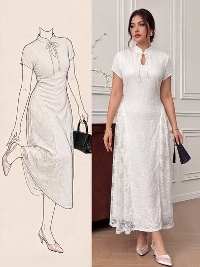 EastFlair Plus Size White Elegant Party Cocktail Formal Solid Color Lace Patchwork Dress Birthday Dress Chinese-Style Stand-Up Collar