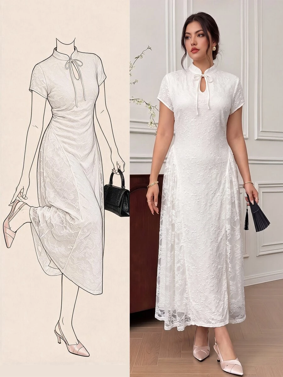 EastFlair Plus Size Elegant Party Solid Color Lace Patchwork Dress - Apricot - View 1