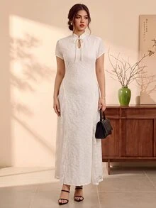 EastFlair Plus Size Elegant Party Solid Color Lace Patchwork Dress - Apricot - View 3