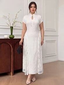 EastFlair Plus Size Elegant Party Solid Color Lace Patchwork Dress - Apricot - View 6
