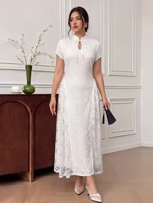 EastFlair Plus Size Elegant Party Solid Color Lace Patchwork Dress - Apricot - View 4