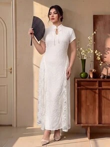 EastFlair Plus Size Elegant Party Solid Color Lace Patchwork Dress - Apricot - View 2