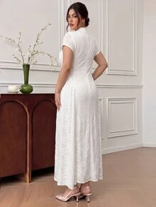 EastFlair Plus Size Elegant Party Solid Color Lace Patchwork Dress - Apricot - View 7