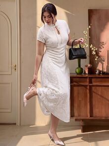 EastFlair Plus Size Elegant Party Solid Color Lace Patchwork Dress - Apricot - View 5