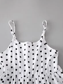 SHEIN 女童休闲甜美波点纯色拼接吊带连衣裙，适合户外和假日穿着 - 黑與白 - 查看 7