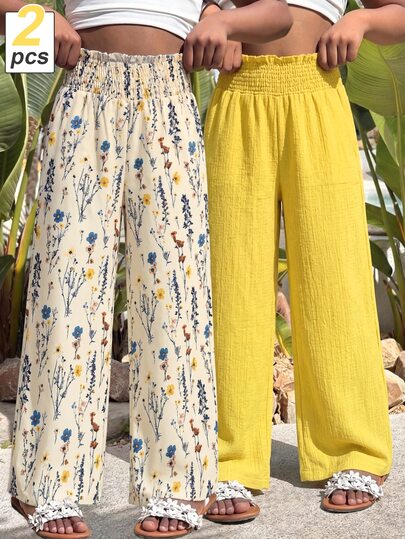 SHEIN Tween Girls Autumn Clothes High Waist Casual Boho Vacation Beach Dance Rope Tie Ruffle Hem Loose Wide Leg 2pcs Long Pants Beige Light Yellow