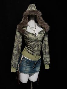 SHEIN ICON Women's Retro Camouflage Fuzzy Regular Jacket, Fall/Winter - Army Green - View 3