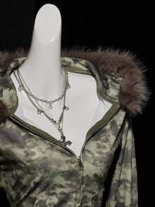 SHEIN ICON Women's Retro Camouflage Fuzzy Regular Jacket, Fall/Winter - Army Green - View 7