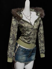 SHEIN ICON Women's Retro Camouflage Fuzzy Regular Jacket, Fall/Winter - Army Green - View 6