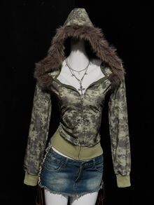 SHEIN ICON Women's Retro Camouflage Fuzzy Regular Jacket, Fall/Winter - Army Green - View 9