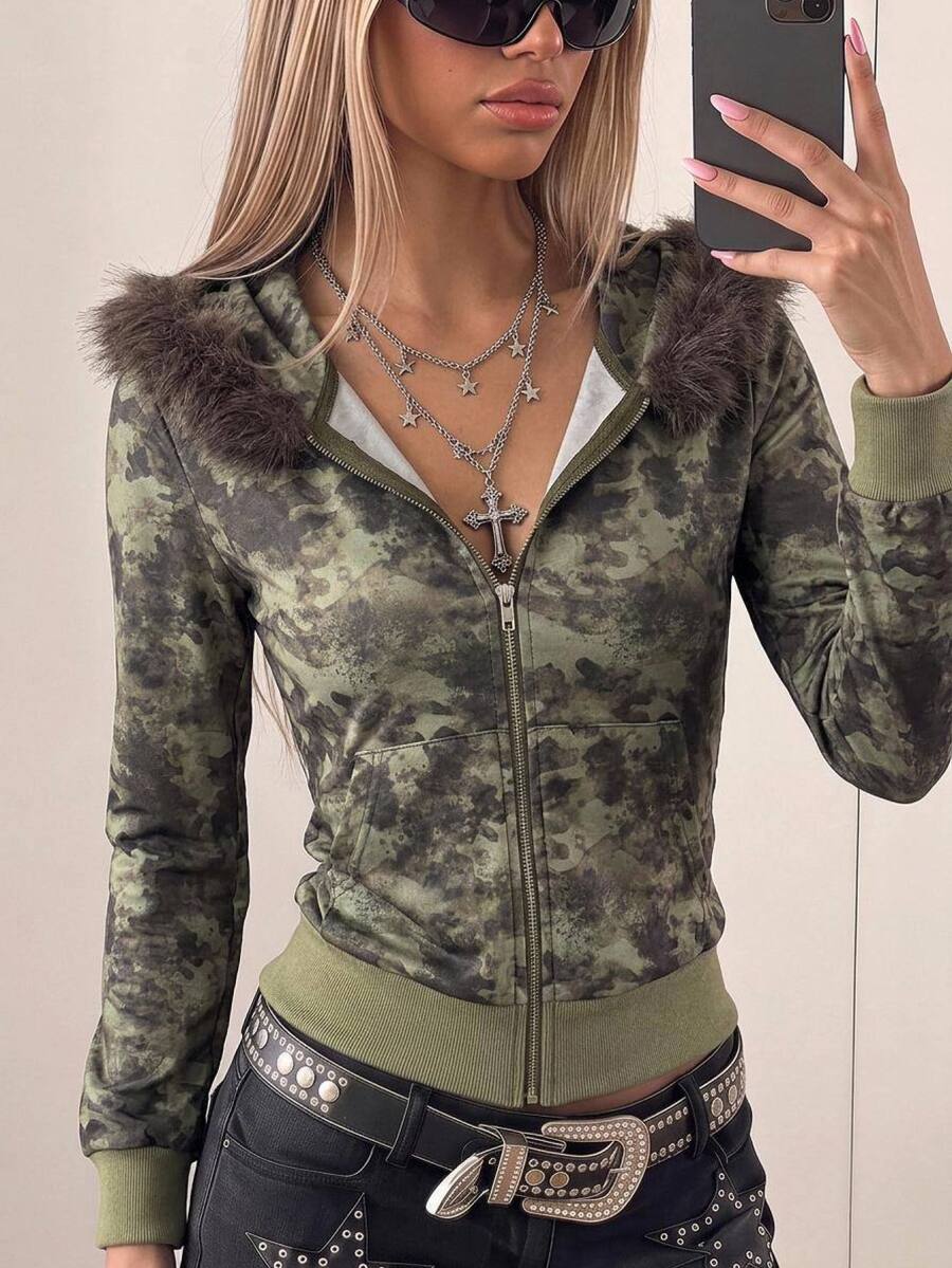 SHEIN ICON Women's Retro Camouflage Fuzzy Regular Jacket, Fall/Winter - Army Green - View 1