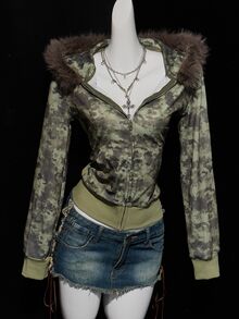 SHEIN ICON Women's Retro Camouflage Fuzzy Regular Jacket, Fall/Winter - Army Green - View 5