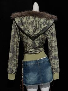 SHEIN ICON Women's Retro Camouflage Fuzzy Regular Jacket, Fall/Winter - Army Green - View 2