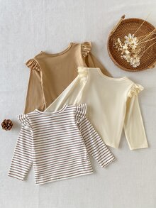 SHEIN 3pcs/Set Baby Girl Spring/Autumn Long Sleeve Ruffle Trim Tops, Cute Simple Casual Versatile Style, Suitable For Indoor, Outdoor, Shopping And Other Occasions - Multicolor - View 3