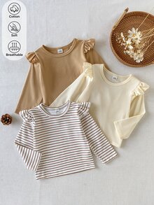 SHEIN 3pcs/Set Baby Girl Spring/Autumn Long Sleeve Ruffle Trim Tops, Cute Simple Casual Versatile Style, Suitable For Indoor, Outdoor, Shopping And Other Occasions - Multicolor - View 4