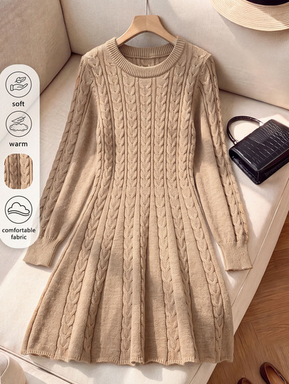 Rusticease Winter Clothes Fall Women's Cable Knit Round Neck Long Sleeve Casual Elegant Dress Brunch Everyday Camel Autumn Sweater Date Office Thanksgiving