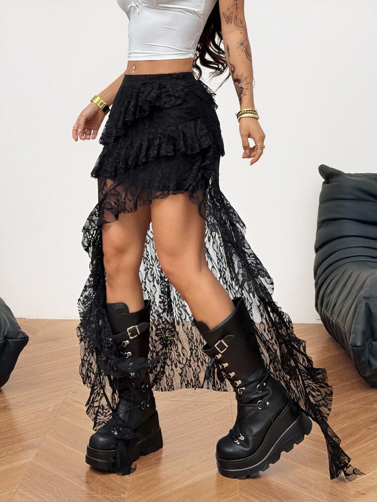 Coolane Women's Fall Concert Streetwear Vacations Beach Boho Y2K Country Concert Gyaru Lace Asymmetrical Ruffle Fringe Black Low Rise Long Skirt - Black - View 5