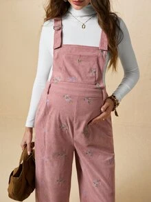 Boho Mama Maternity Floral Embroidered Casual Loose Fit Overalls - Pink - View 4
