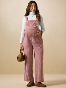Boho Mama Maternity Floral Embroidered Casual Loose Fit Overalls - Pink - View 7