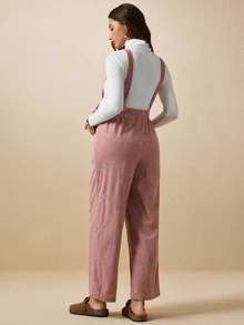 Boho Mama Maternity Floral Embroidered Casual Loose Fit Overalls - Pink - View 5