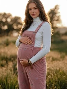 Boho Mama Maternity Floral Embroidered Casual Loose Fit Overalls - Pink - View 2