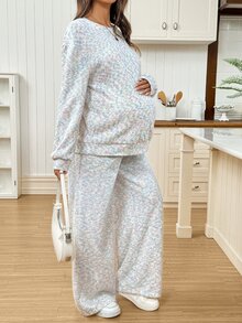 SHEIN Maternity Autumn Casual Top & Pants 2 Pieces Set,Autumn,Colorful Faux-Fur-Effect Knit Two Pieces Set For Expectant Mothers,Suitable For Lounging At Hom - Multicolor - View 4