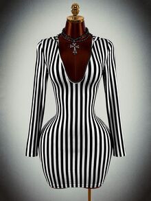 Amplova Striped Print Plunging Neck Bodycon Dress - Black and White - View 1