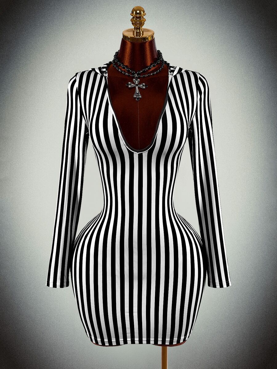 Amplova Striped Print Plunging Neck Bodycon Dress - Black and White - View 1