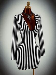 Amplova Striped Print Plunging Neck Bodycon Dress - Black and White - View 4