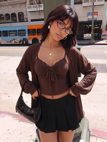 Sweetina Sweet Knitted Cardigan & Lace Trim Camisole 2 Pieces Set For Women - Brown - View 1