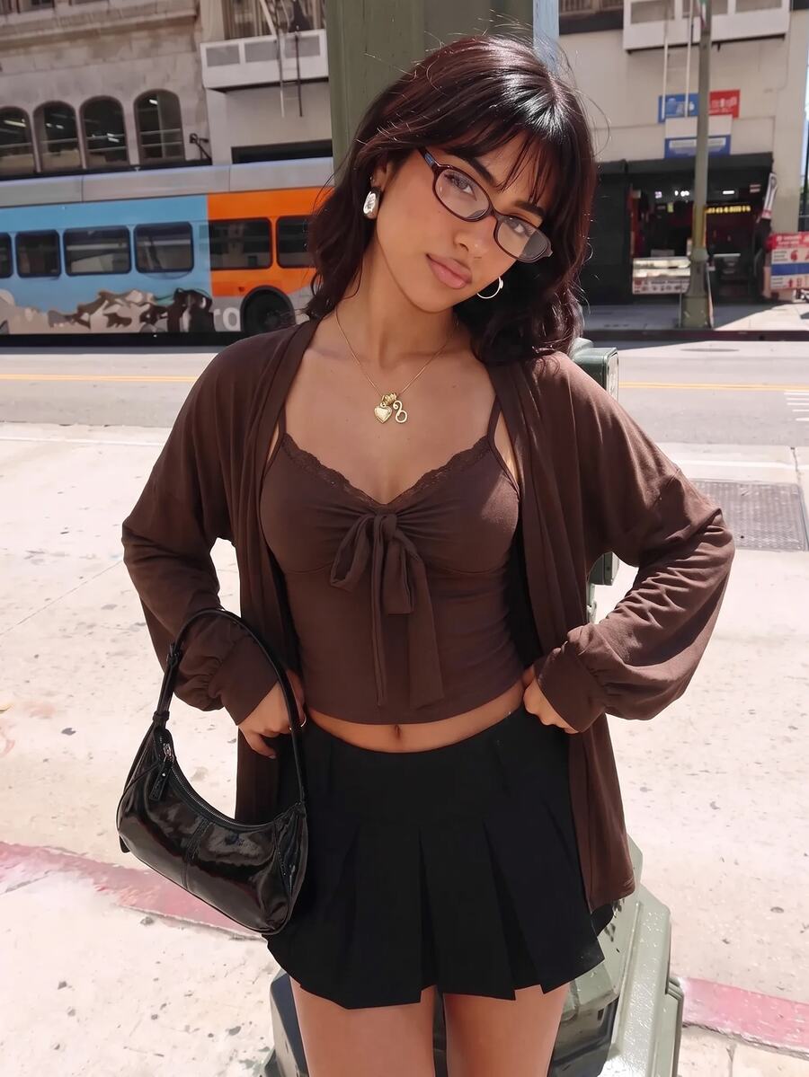 Sweetina Sweet Knitted Cardigan & Lace Trim Camisole 2 Pieces Set For Women - Brown - View 1