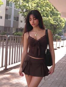 Sweetina Sweet Knitted Cardigan & Lace Trim Camisole 2 Pieces Set For Women - Brown - View 5