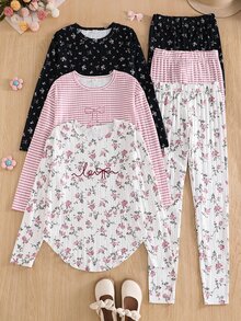 SHEIN Vintaside Kids 青少年女孩羅紋毛絨三色定位花卉蝴蝶結設計舒適柔軟休閒百搭長袖T恤與長褲套裝，適合四季，適合外出 - 彩色 - 查看 5