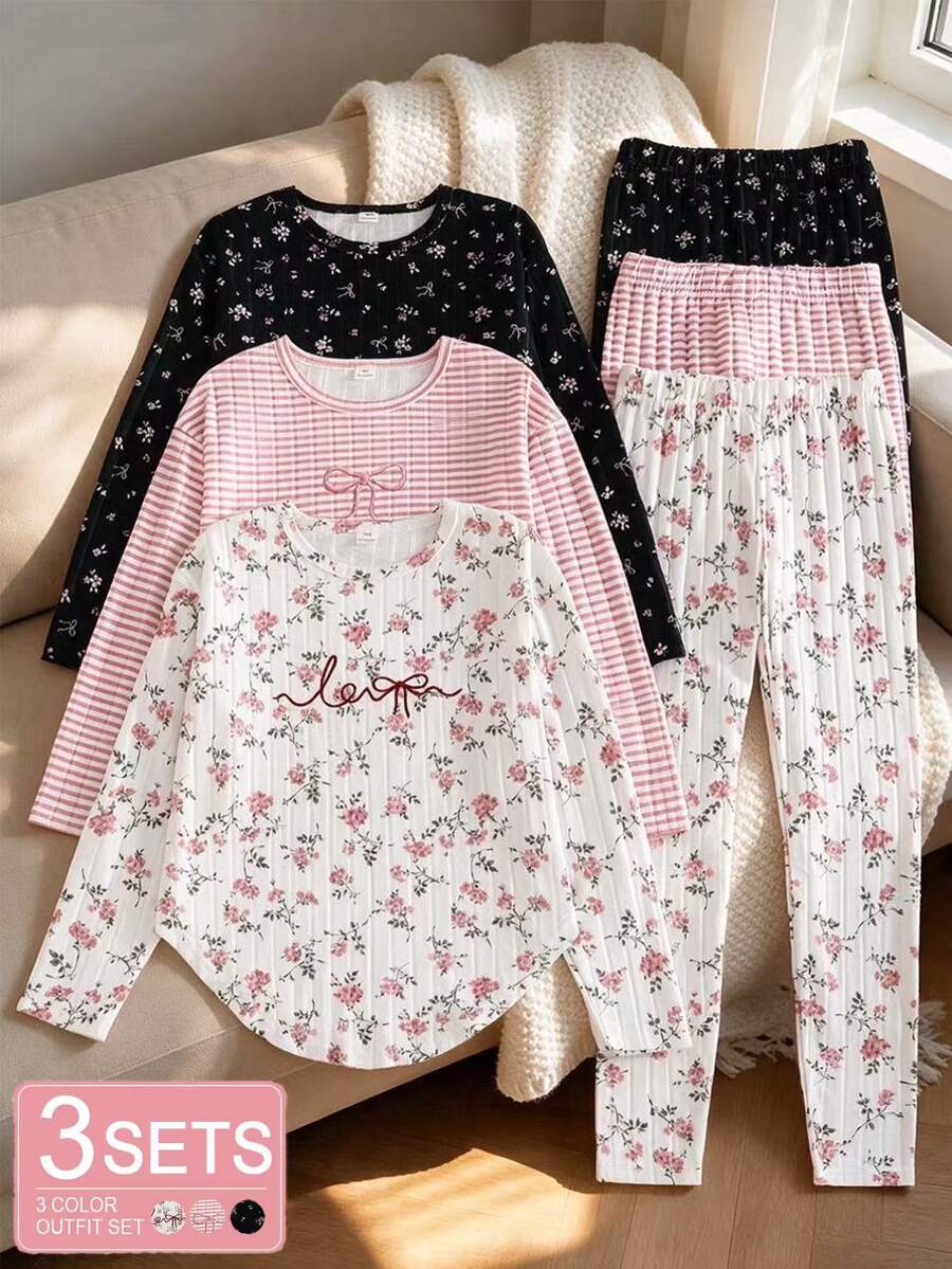 SHEIN Vintaside Kids 青少年女孩羅紋毛絨三色定位花卉蝴蝶結設計舒適柔軟休閒百搭長袖T恤與長褲套裝，適合四季，適合外出 - 彩色 - 查看 1