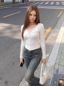 Sweetina Kaos Lengan Panjang Kasual Minimalis Seksi dengan Kerah Renda dan Hiasan Rumbai 2 in 1 - Putih - View 4