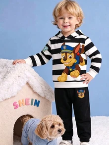 SHEIN | PAW Patrol 2件組小男孩休閒連帽套裝，黑白條紋卡通圖案，長袖寬鬆連帽衫，秋季校園穿搭，冬季服飾 - 黑色 - 查看 1